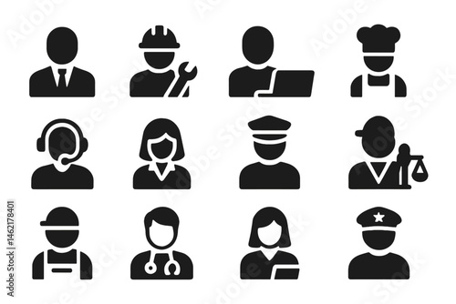 Variety of professional icon illustrations showcasing diverse occupations in black and white design