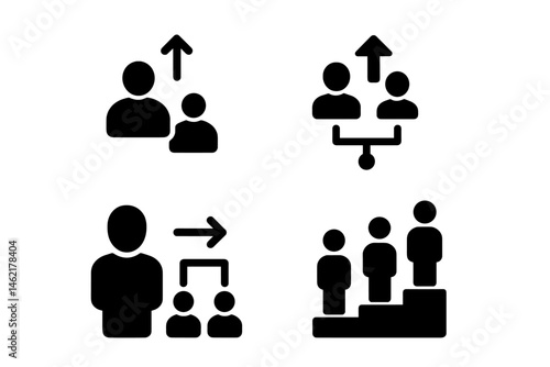 Vector illustration of various icons representing leadership, teamwork, and progression among individuals