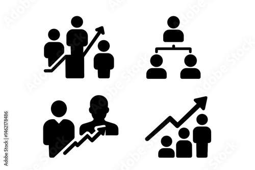 Vector illustration icons representing teamwork, growth, and hierarchical structure in diverse business scenarios