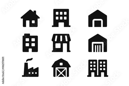 Collection of vector illustration icons representing various building types in a simple design