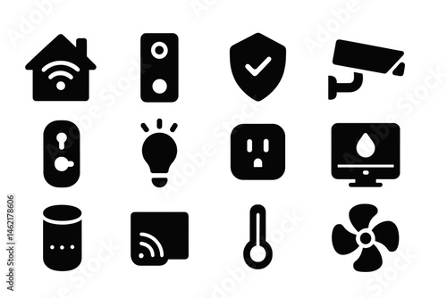 Smart home technology icons representing various devices and controls for modern living environments in sleek vector style