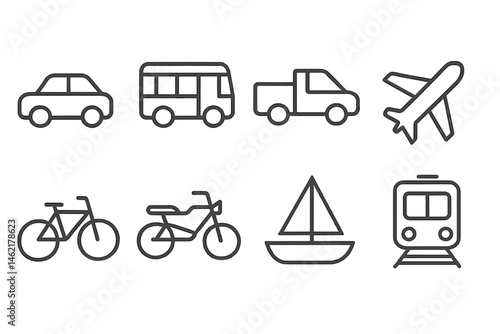 Vector illustration of various modes of transportation including cars, buses, trucks, airplanes, bicycles, boats, and trains in a simple design