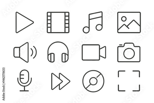 Vector illustration icons representing multimedia activities including audio, video, and image capture in an organized layout