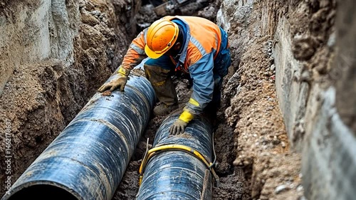 Wallpaper Mural Construction worker inspects pipelines in trench wearing safety gear Torontodigital.ca