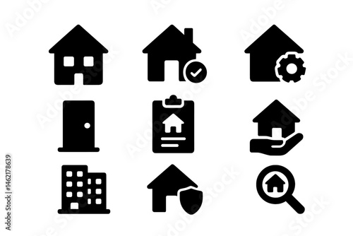 Vector illustration icons representing various aspects of home and property management activities in a monochrome design suitable for digital use