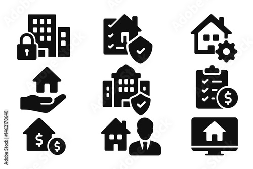 Vector illustration icons representing real estate, property management, and security features for residential and commercial buildings