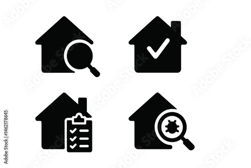 Vector illustration icons representing house inspection practices and checklist activities for property assessment and maintenance