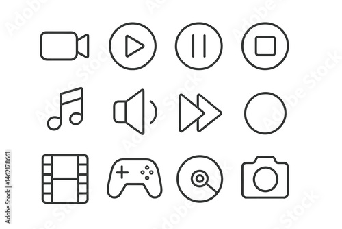 Vector illustration of multimedia icons representing video, audio, and gaming activities for digital applications