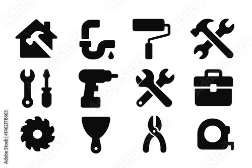 Vector illustration icon set of various tools depicting essential items for home improvement and repair tasks