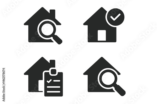 Vector illustration icons of house search, validation, and checklist for real estate activities