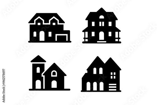 Collection of vector illustrations showcasing different house designs in a minimalist style suitable for architecture and real estate projects