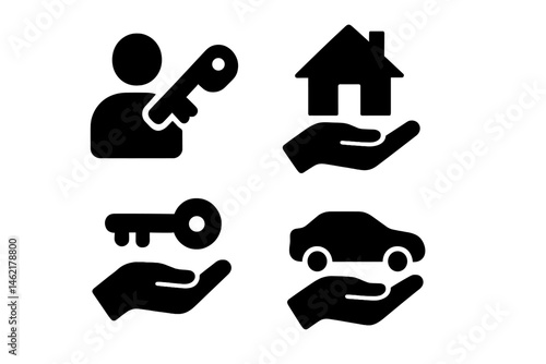 Iconic vector illustrations of keys, houses, and cars representing property possession and ownership