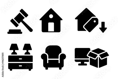 Vector illustration of auction tools and home-related icons showcasing furniture, house, and technology equipment