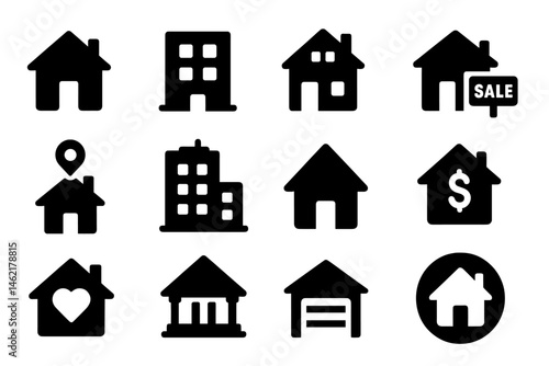 Vector illustration icons representing various aspects of real estate and housing options