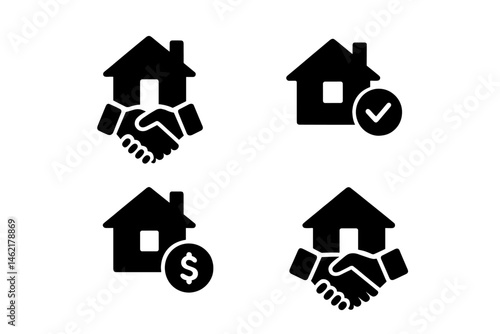 Vector illustration of house icons representing real estate transactions, agreements, and approvals