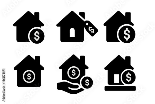 Vector illustration icons depicting real estate, property value, and financial transactions in home buying scenarios