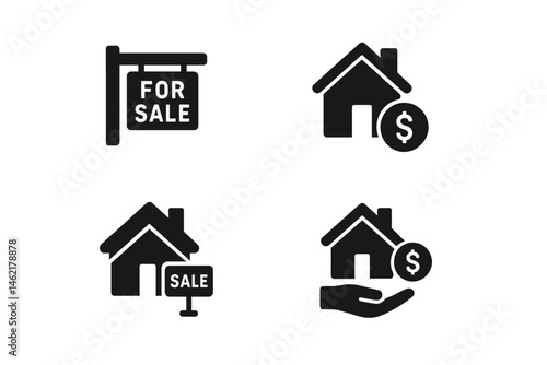 Vector illustration icons depicting real estate sale concepts including for sale signs, houses, and payment symbols