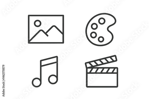 Vector illustration of creative icons representing art, music, and film activities in a simple and modern style