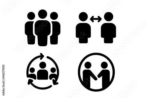 Vector illustration icons representing social interactions, communication, and community engagement in various contexts