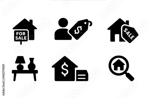 Vector illustration icons representing real estate activities such as property sale, pricing, and home searching in a minimalistic style