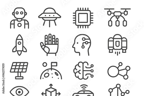 Vector illustration featuring various technology icons representing innovation and science concepts