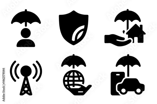 Vector illustration icons representing protection and safety concepts including home, health, and global care for various needs