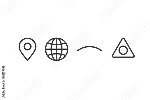 Vector illustration icon showcasing location marker, globe symbol, curved line, and triangle shape in minimalistic style