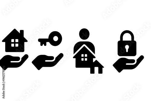 Vector illustration of home security symbols featuring house, key, person with house, and padlock in four distinct icons