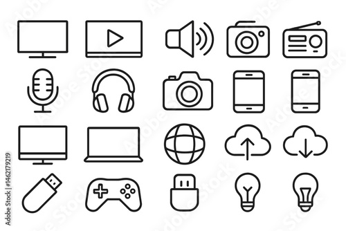 Vector illustration of multimedia icons showcasing technology tools for communication and entertainment in a sleek design