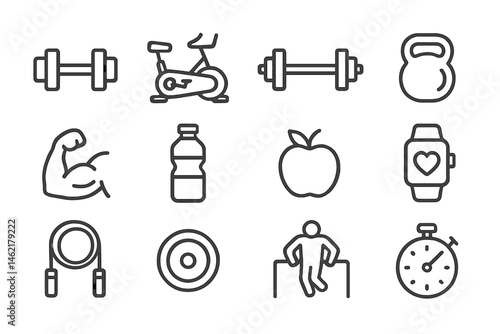 Vector illustration icon collection featuring fitness equipment and healthy lifestyle elements for active living