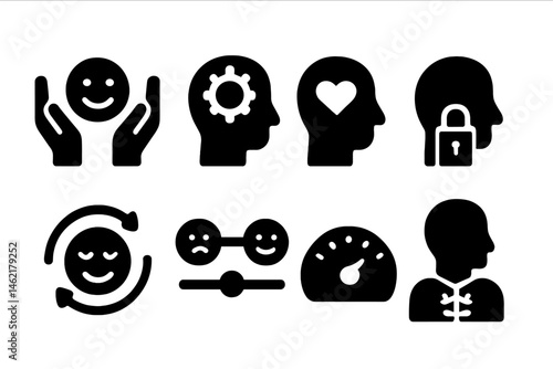 Vector illustration icon set focusing on emotions, mental health, and well-being concepts for creative projects