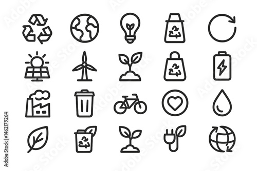 Vector illustration collection featuring eco-friendly icons related to sustainability and renewable energy concepts
