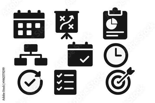 Vector illustration icons representing planning, strategy, and time management tools for effective productivity and organization
