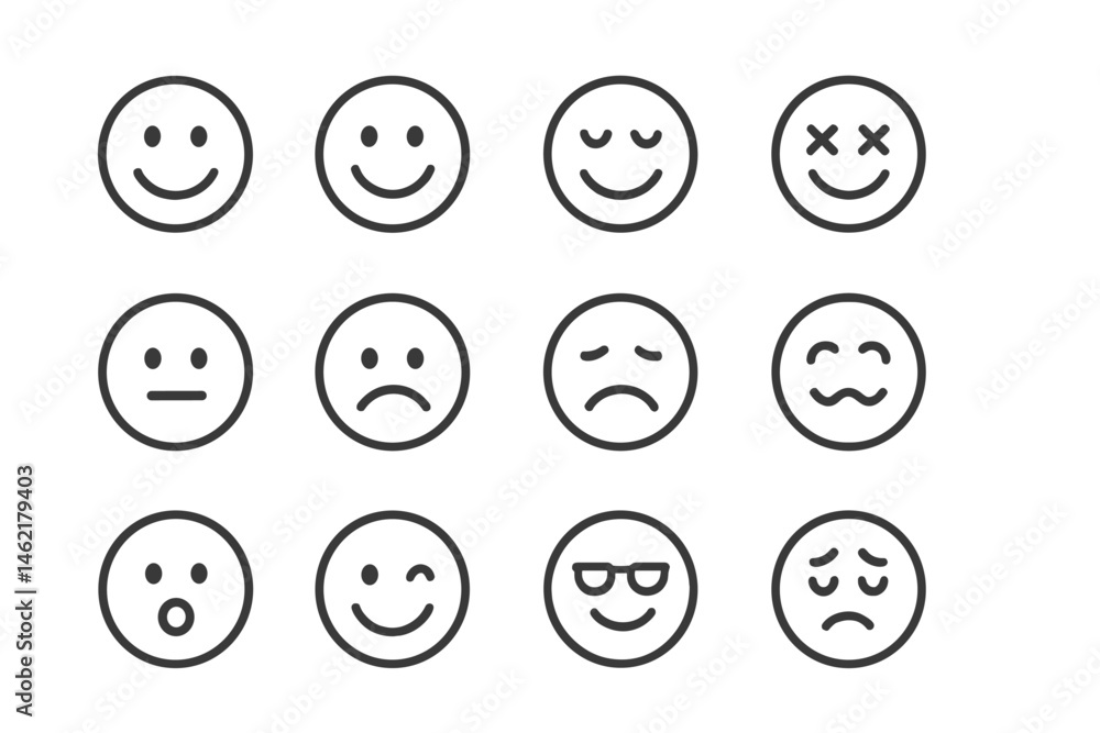 Vector illustration of various facial expressions displayed in a grid layout conveying emotions and reactions Vector illustration of various facial expressions displayed in a grid layout conveying emotions and reactions