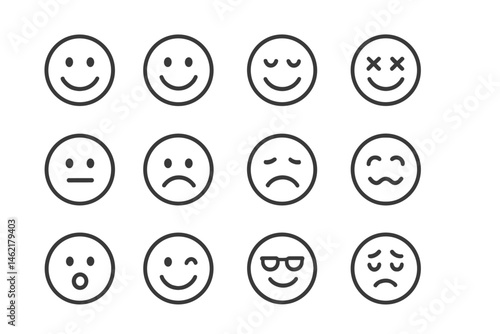 Vector illustration of various facial expressions displayed in a grid layout conveying emotions and reactions