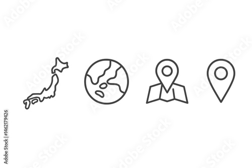 Vector icons representing Japan, the globe, and various map location markers in a clean, minimalist design for digital use