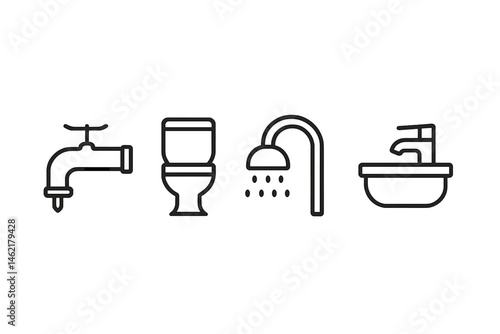 Vector illustration of plumbing fixtures including faucet, toilet, shower, and sink suitable for home improvement decor
