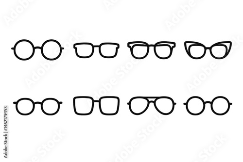 Collection of various eyeglass styles in a vector illustration format featuring round, square, and cat-eye designs