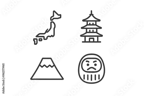 Vector illustration of Japanese cultural symbols featuring a map, temple, mountain, and Daruma doll in simple design