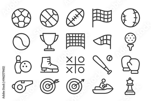 Collection of vector illustration icons representing various sports and recreational activities including team games and individual competitions