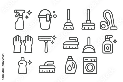 Vector illustration of essential cleaning tools and supplies used in home maintenance and sanitation tasks