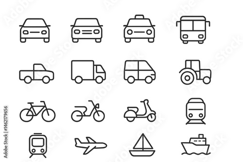 Collection of vector icons representing various modes of transportation displayed in a neat grid layout