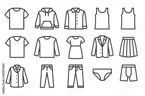 Clothing icons collection showcasing diverse apparel including shirts, hoodies, dresses, pants, and intimates for various styles
