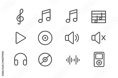 Collection of music-related vector icons depicting notes, playback, volume controls, headphones, and audio devices in a minimalistic style