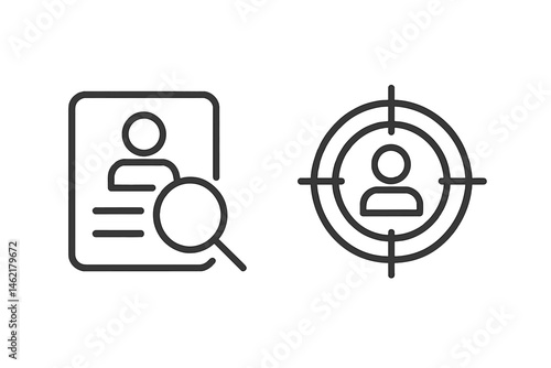 Vector illustration icon depicting a person search concept with magnifying glass and target symbol in a minimalist style