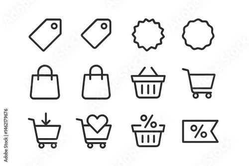 Vector illustration icons depicting shopping elements including tags, bags, and carts for ecommerce and retail activities