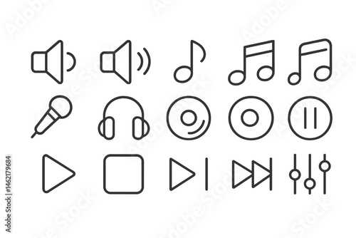 Music and audio vector icons featuring speakers, notes, a microphone, and playback controls in a minimalist design
