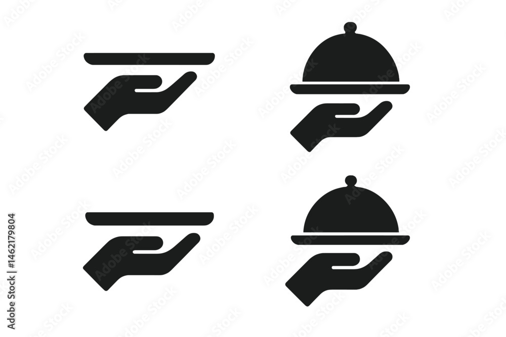 Vector illustration icon depicting hands serving food with cloche and plate, showcasing hospitality and dining service themes Vector illustration icon depicting hands serving food with cloche and plate, showcasing hospitality and dining service themes