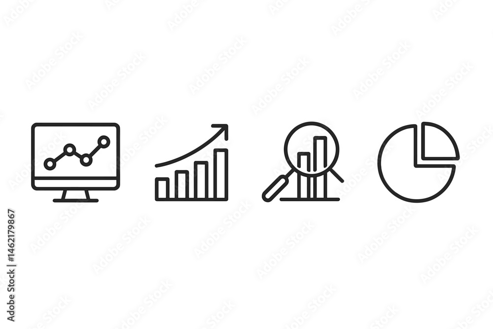 Fototapeta premium Vector illustration icons depicting data analysis, growth trends, and visual representations of statistics and performance metrics