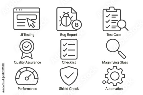 Vector illustration icons representing various aspects of software testing and quality assurance in a modern digital environment